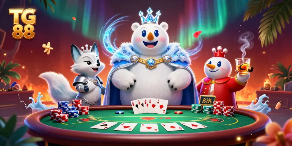 Experience the thrill of TG 88 poker with a festive polar bear and fox in a vibrant scene.