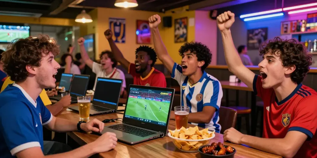 Excited fans enjoying CAKHIATV live soccer coverage for weekend football fixtures at a lively sports bar.