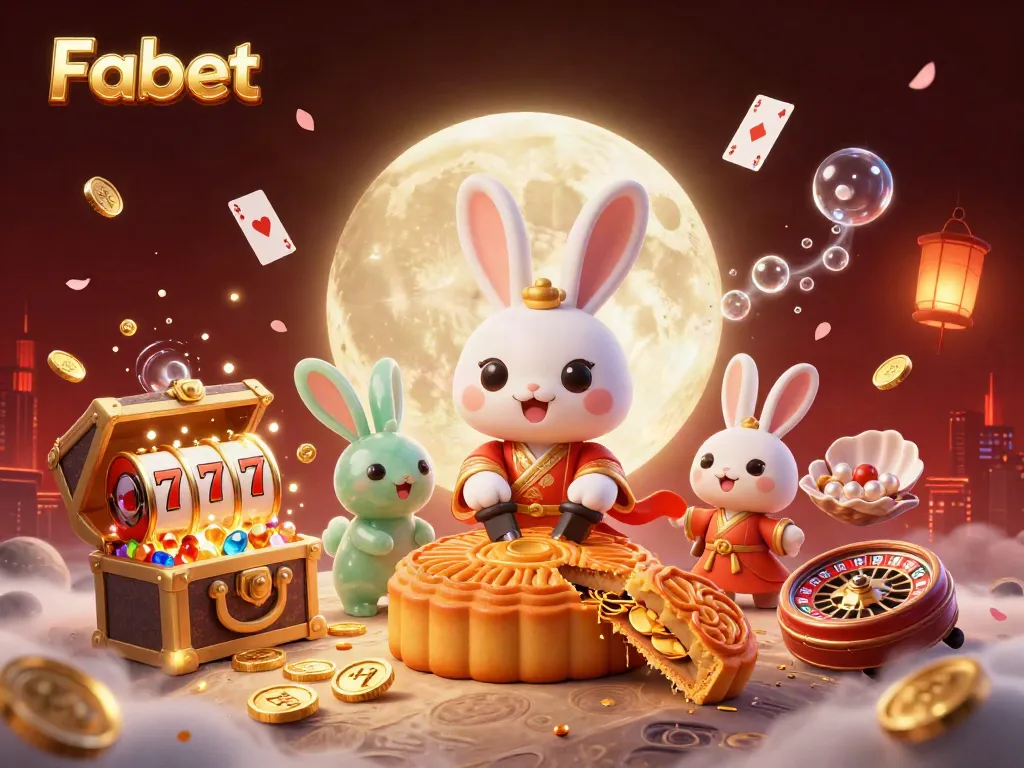 Experience the excitement of Fabet with cartoon rabbits and vibrant casino elements in a magical scene.