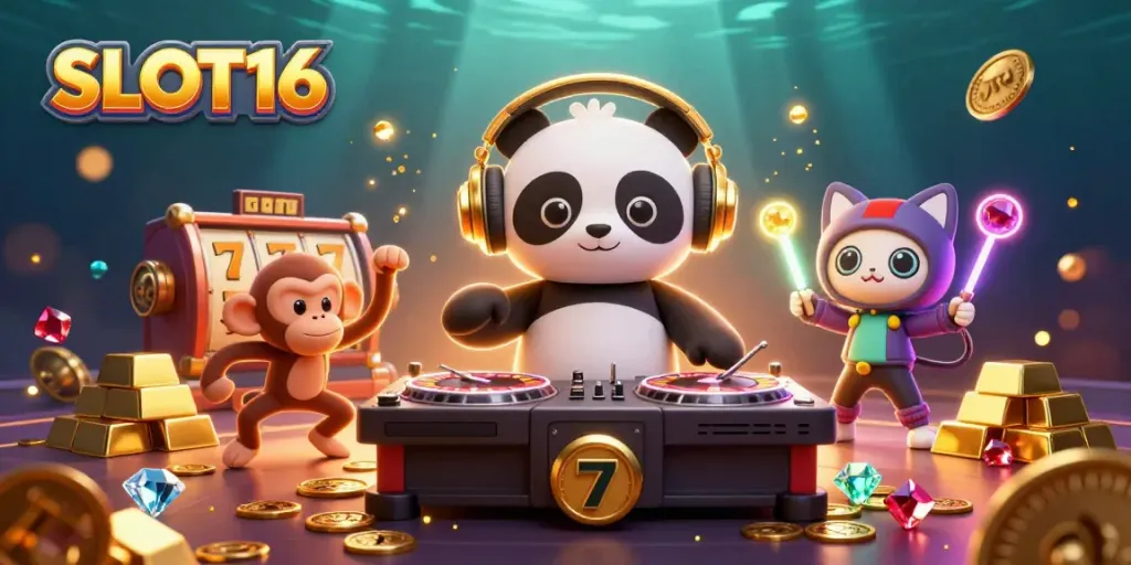 Engage with SLOT16 in a vibrant 3D casino scene featuring a DJ panda and lively characters.