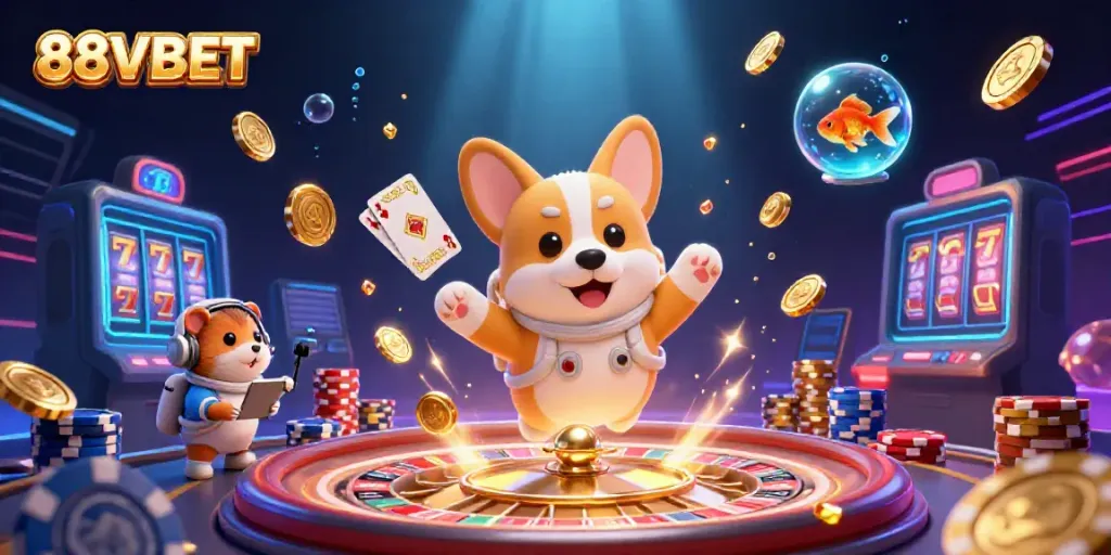 Watch the 88VBET-themed casino adventure in space, featuring a floating corgi and vibrant gaming elements.