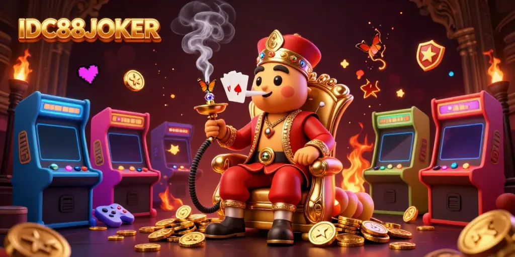 Engage in winning action at IDC88JOKER, featuring a vibrant casino-themed illustration with unique characters.