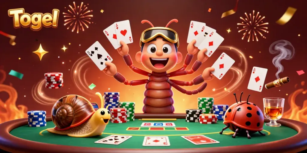 Experience Togel excitement with a vibrant casino scene featuring a playful millipede dealer and thrilling poker elements.