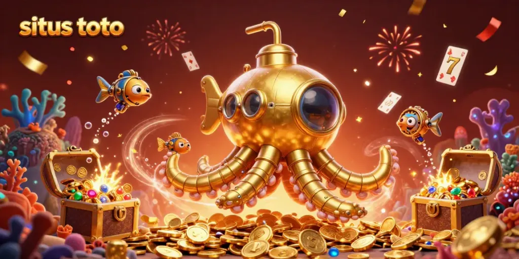 Engage in situs toto gaming with a vibrant underwater scene showcasing a golden kraken submarine amidst floating slot reels and treasures.