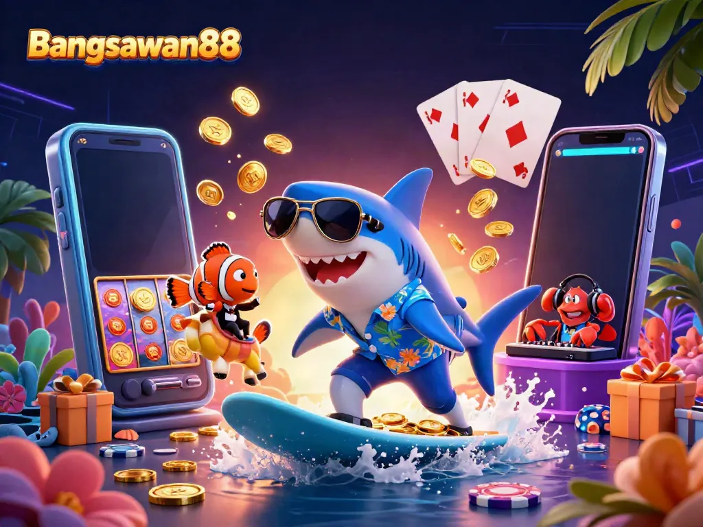 Engage with Bangsawan88's vibrant gaming atmosphere featuring a shark surfing on coins amidst thrilling casino elements.