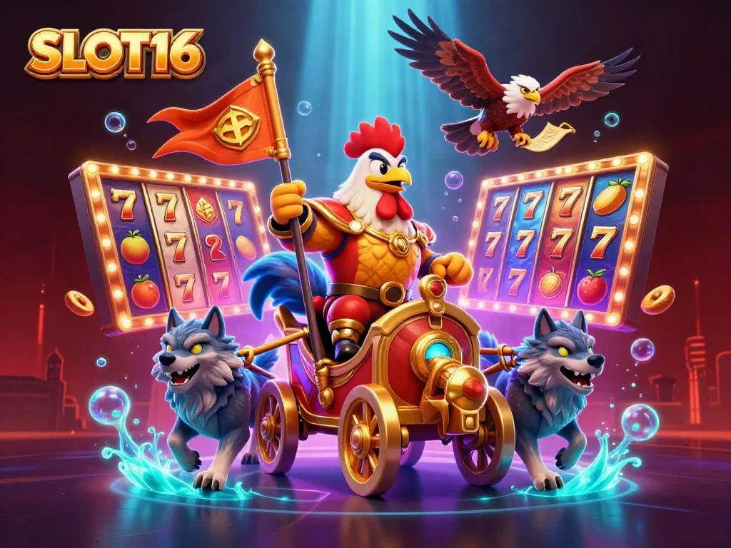 SLOT16 showcases a dynamic scene with a rooster warlord in a golden chariot surrounded by vibrant slot machines and casino symbols.