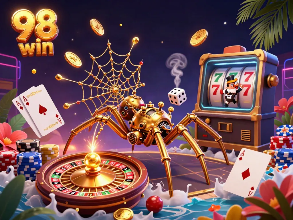 Experience the thrilling world of 98 win with a dynamic steampunk casino scene full of 3D animated characters and games.