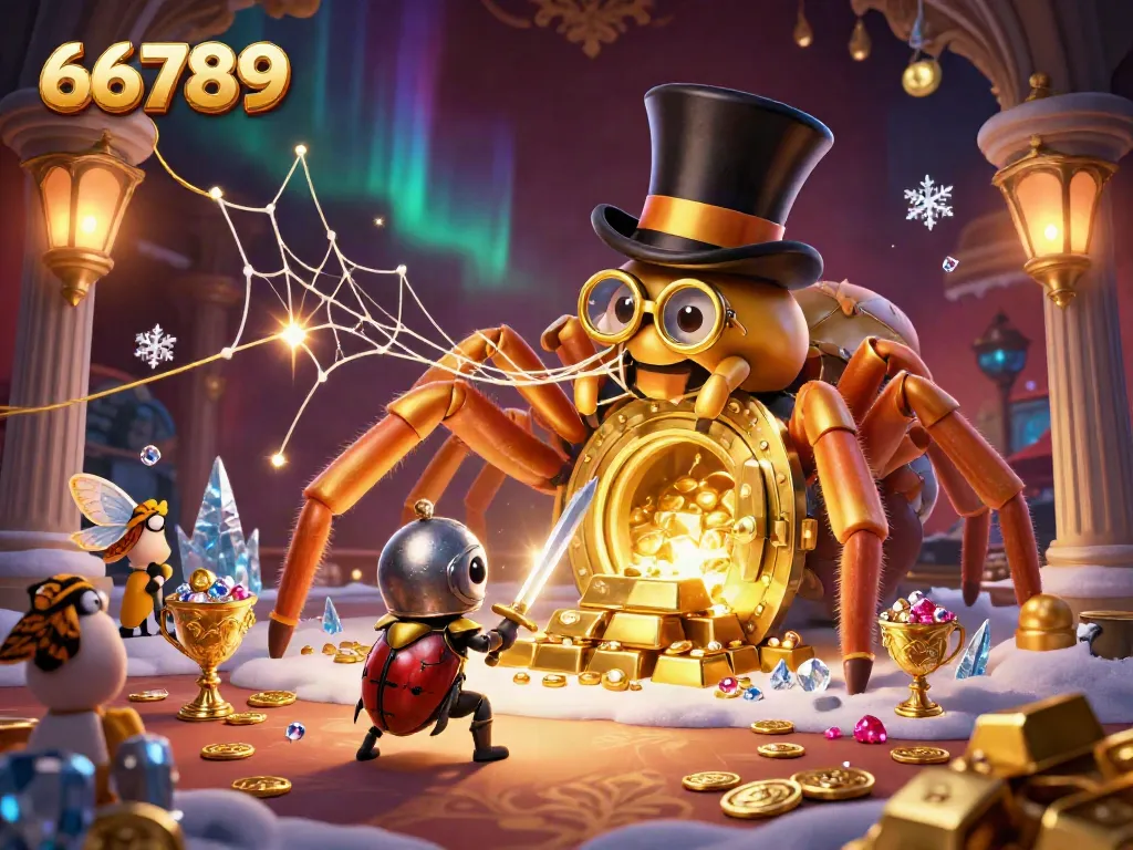 Engage with 66789's vibrant casino scene, featuring a golden tarantula and a beetle knight amidst sparkling treasures.