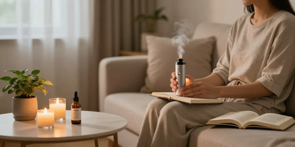 Relaxing with the Gary Payton strain CBD oil and vaporizer in a cozy setting, emphasizing natural wellness.