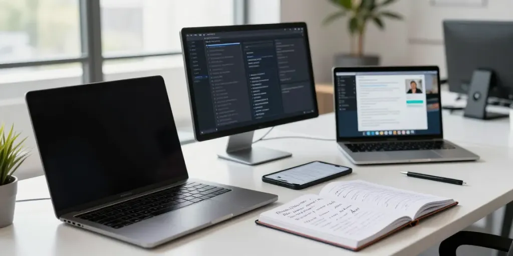 Focused workspace featuring a digital device displaying 링크모음 collections, notepad, and community discussions.