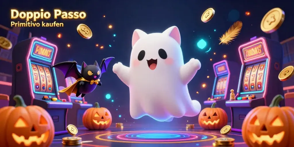 Doppio Passo Primitivo kaufen alongside a floating ghost cat in a vibrant casino scene.