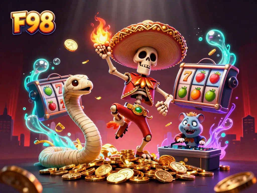 F98 slots scene with a mariachi skeleton rooster and DJ hamster celebrating on golden coins.