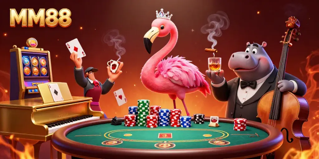 Experience the excitement of MM88 with vibrant casino characters and poker elements.