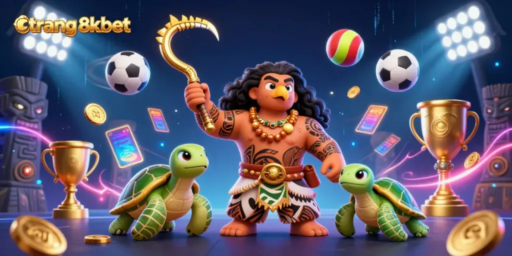 Engage with the dynamic world of trang 8xbet through vibrant 3D casino art featuring a demigod and sports elements.