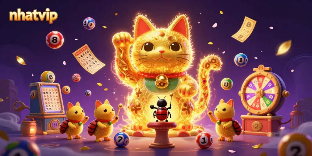 Engage with vibrant nhatvip scenes featuring a giant lucky cat and dynamic casino symbols.
