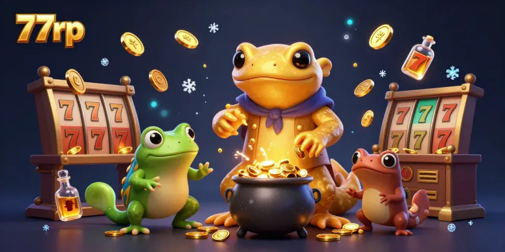 Experience the excitement of 77rp with a magical casino scene featuring a golden salamander and various game elements.