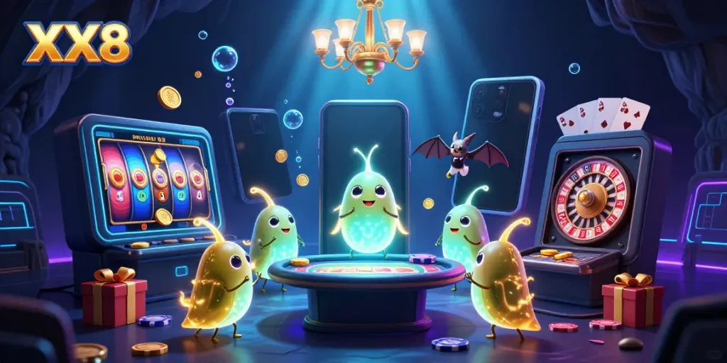 Experience the excitement of XX8 casino with glowing glowworms and vibrant slot games lighting up the scene.