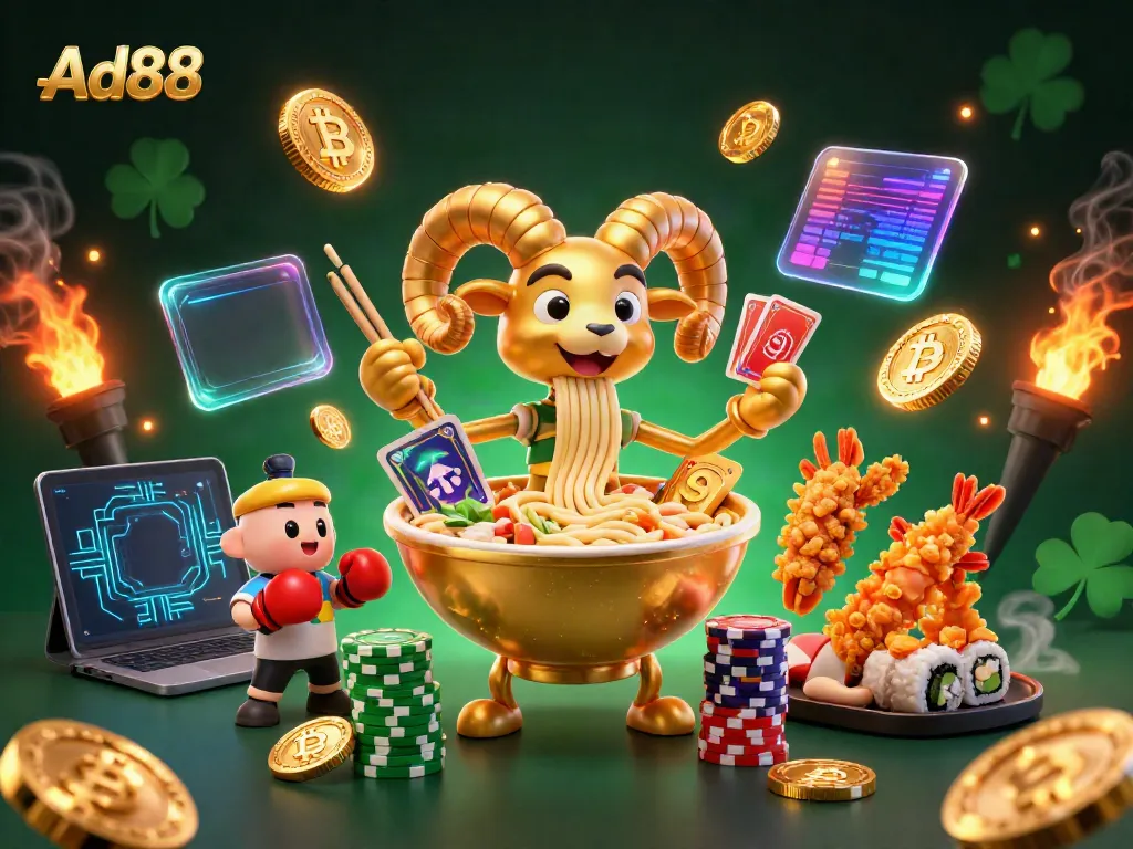 Ad88 engages players with a vibrant 3D casino illustration showcasing a giant ramen bowl dealer and dynamic casino elements.