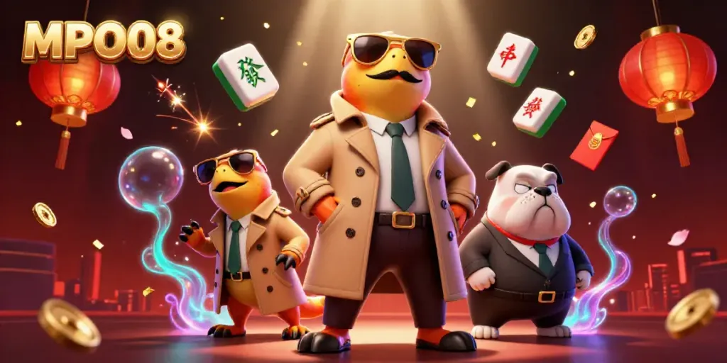 Three raptors disguised in a trench coat entering a VIP casino lounge, showcasing the fun spirit of MPO08 gaming.