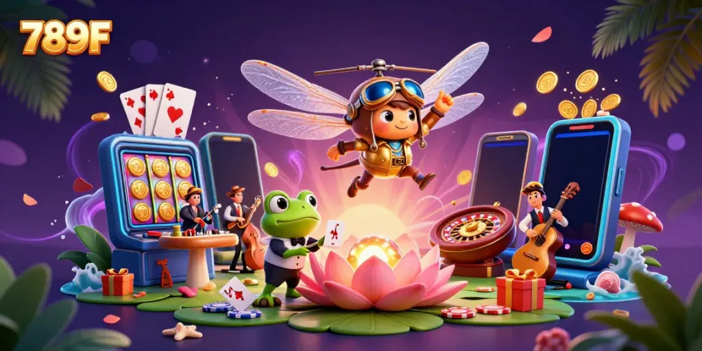 Experience the vibrant casino scene with 789F featuring a dragonfly pilot and frog croupier amidst swirling excitement.