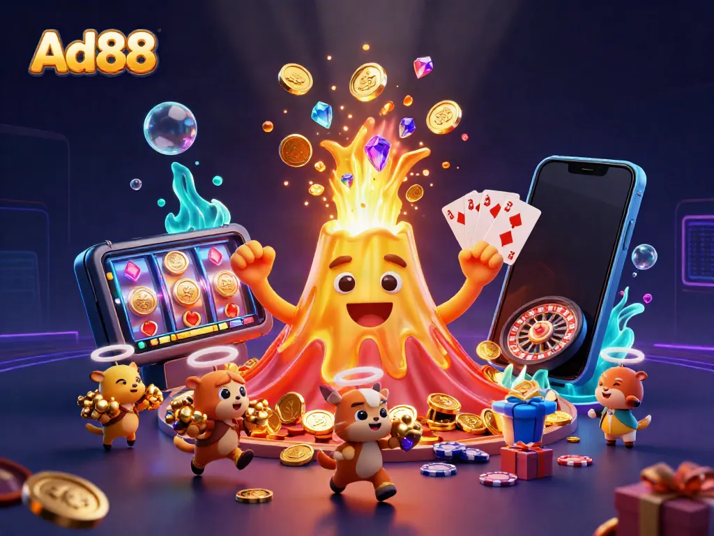 Ad88 showcases a triumphant golden volcano erupting treasure amidst lively casino elements, perfect for online gambling.