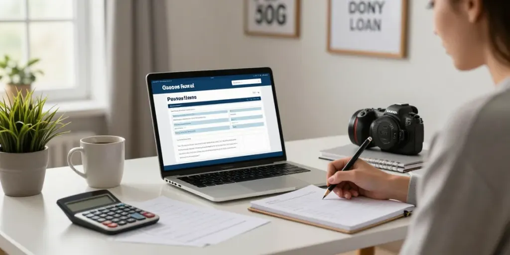Individual applying for payday loans at https://alberta.paydayloans-on.ca in a modern home office.