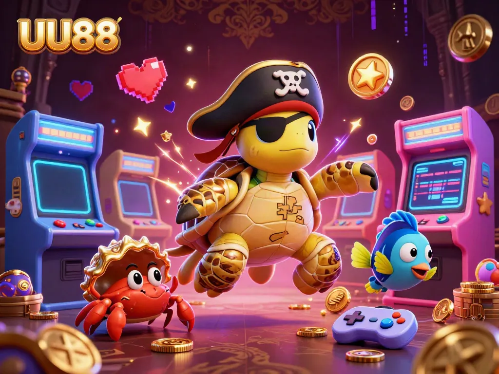 Play games at UU88 with a pirate turtle, treasure, and casino elements in a vibrant 3D scene.