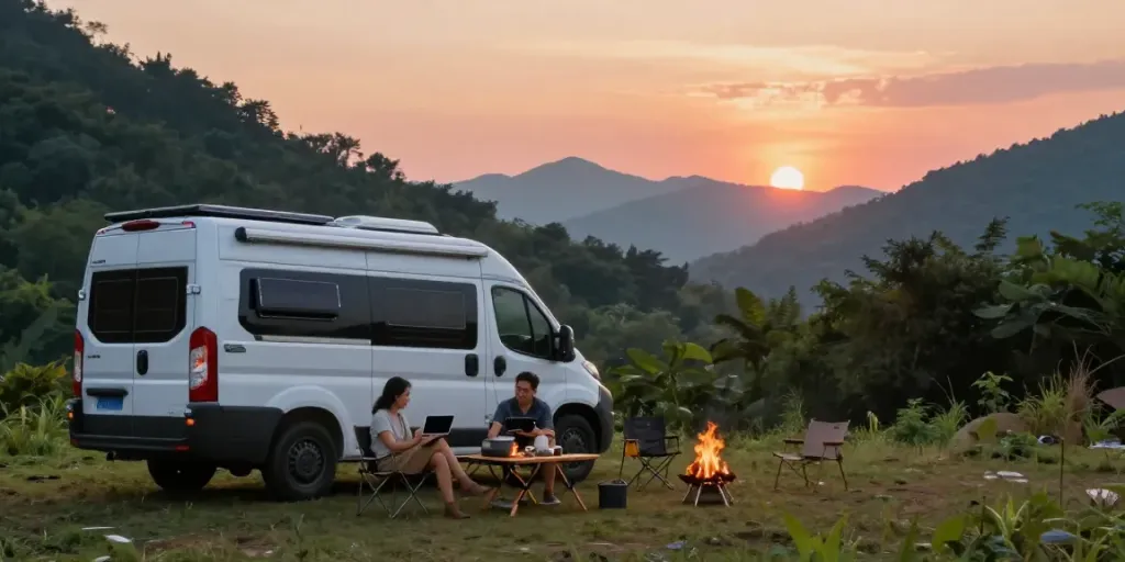 Couple checking lithium batteries for RV technology at a scenic campsite during sunset.