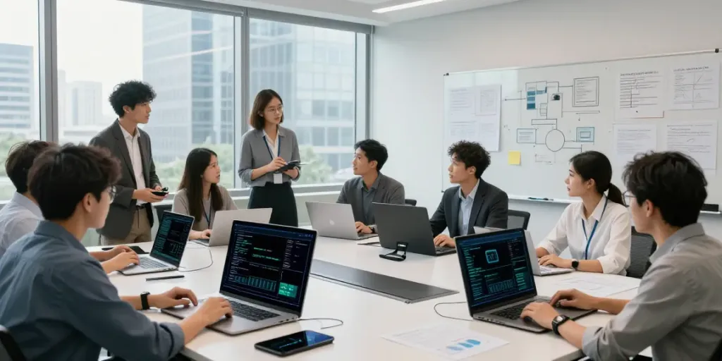 Collaborative team in a modern office integrating Enterprise AI into business operations.