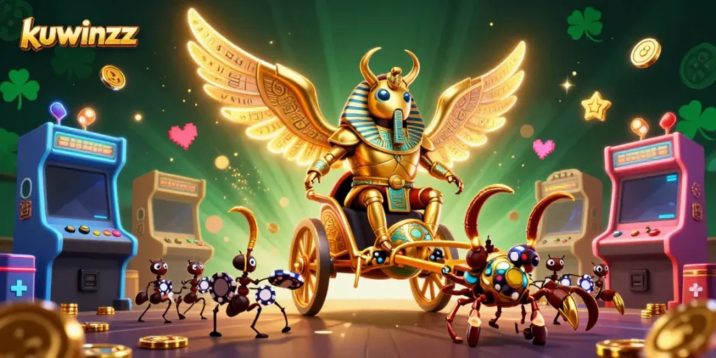 Experience the thrill of kuwinzz with a vibrant 3D casino scene featuring a colossal golden scarab beetle.