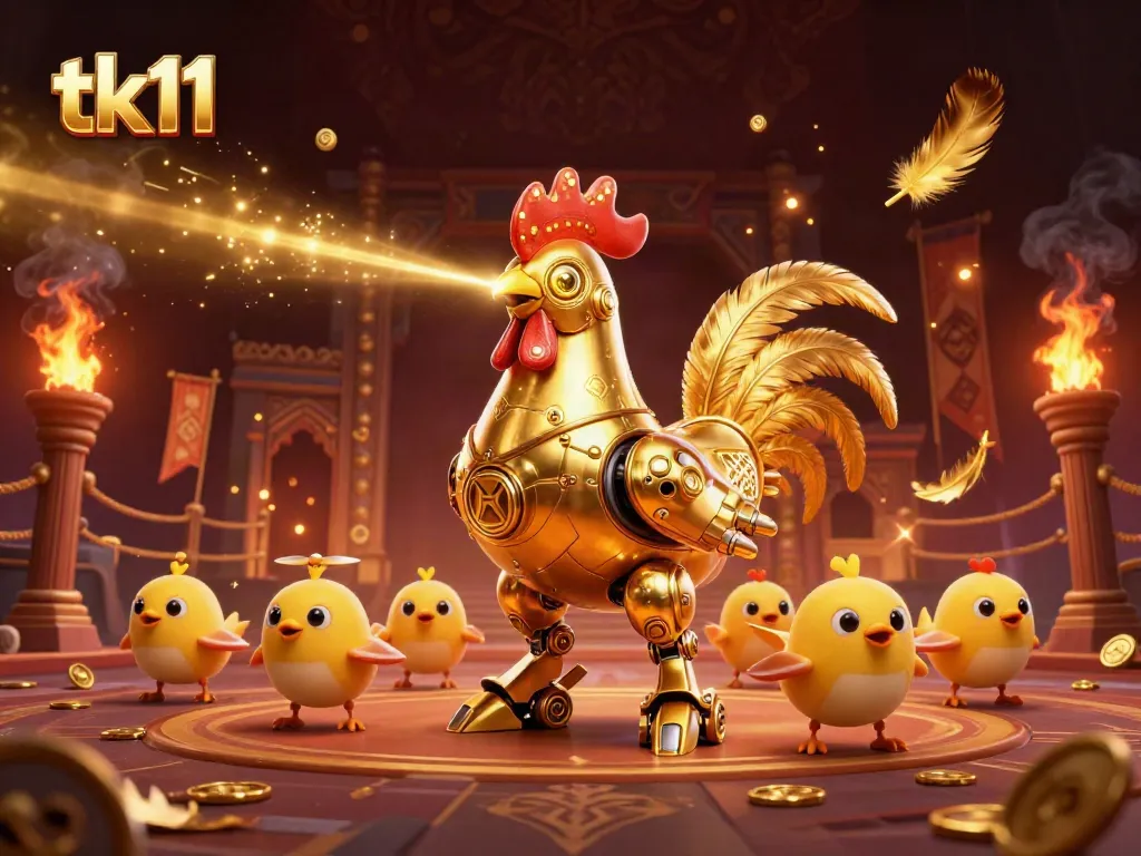 Engage in thrilling tk11 gameplay with a dynamic golden rooster robot and baby chick drones in action.