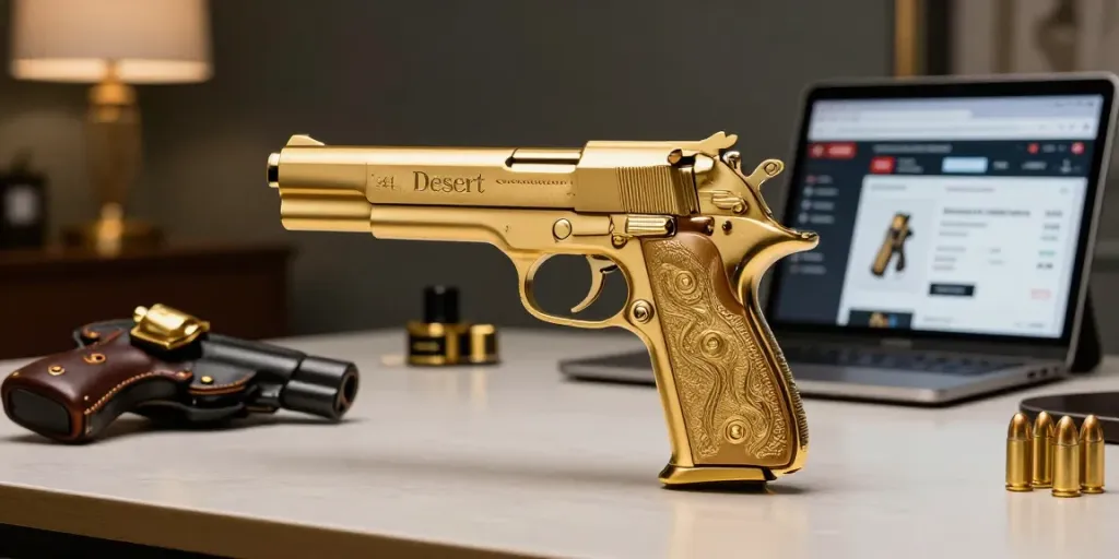 Gold Desert Eagle price on display next to elegant accessories in an online shopping scene.