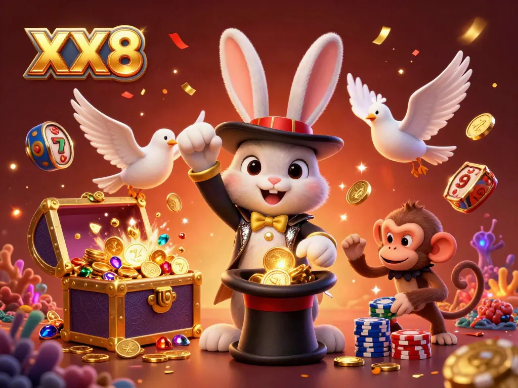 Win big with XX8 as a cartoon rabbit magician pulls coins from a top hat in a lively casino scene.