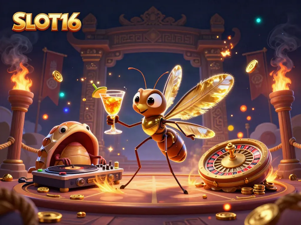 Experience the vibrant energy of SLOT16 with animated casino characters, golden accents, and dynamic gambling elements.