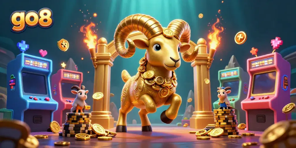 Engage with go8 in an epic casino adventure, featuring a golden ram charging through game elements.