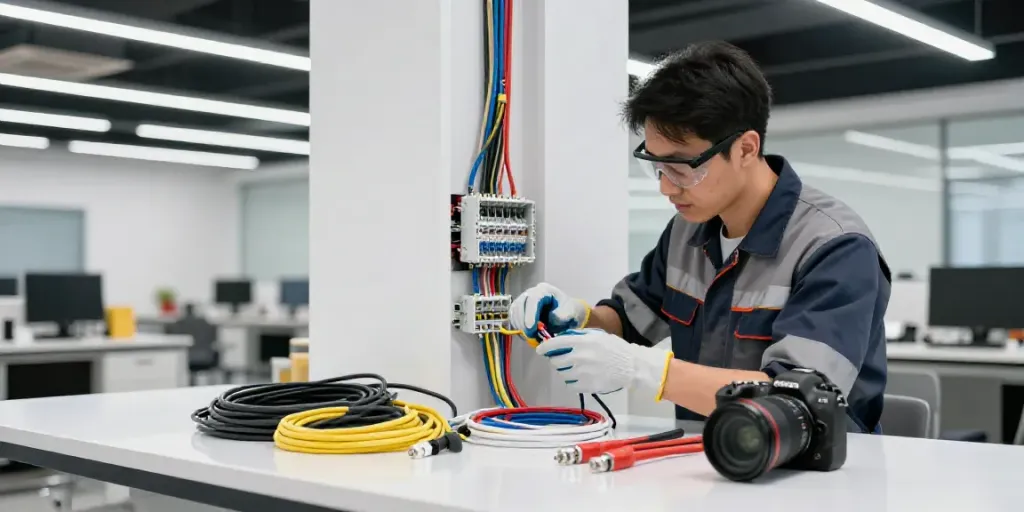 Electrician demonstrating Link Super33 installation in a commercial setting with safety gear.