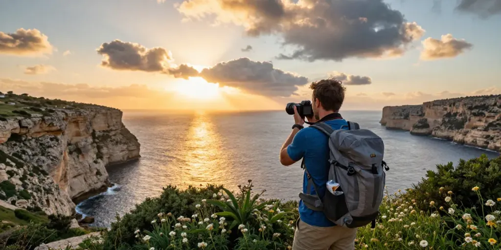 Traveler enjoying a Malta Gozo tour at sunset with coastal cliffs and vibrant Mediterranean Sea backdrop.