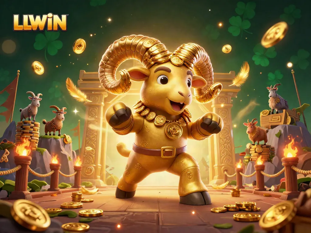 Engage with LLWIN's thrilling casino experience featuring a golden ram charging through a vibrant gambling arena.