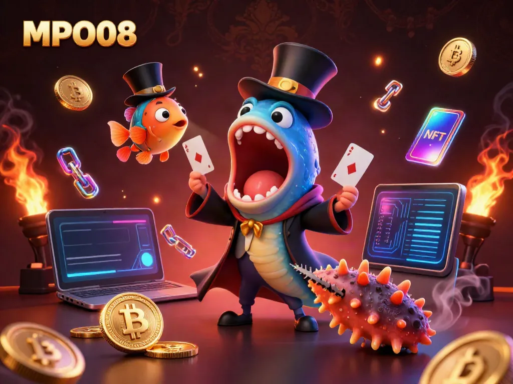 MPO08 features a bioluminescent gulper eel performing magic tricks amidst glowing crypto elements in a vibrant casino scene.