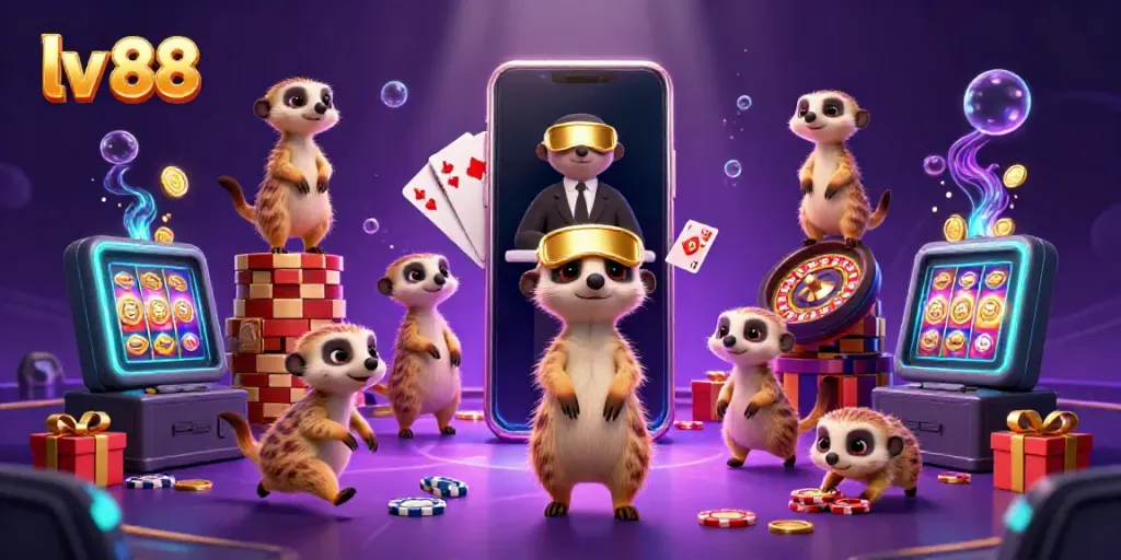 Experience the vibrant energy of lv 88 as meerkats operate a bustling casino scene with colorful slot games and dynamic action.