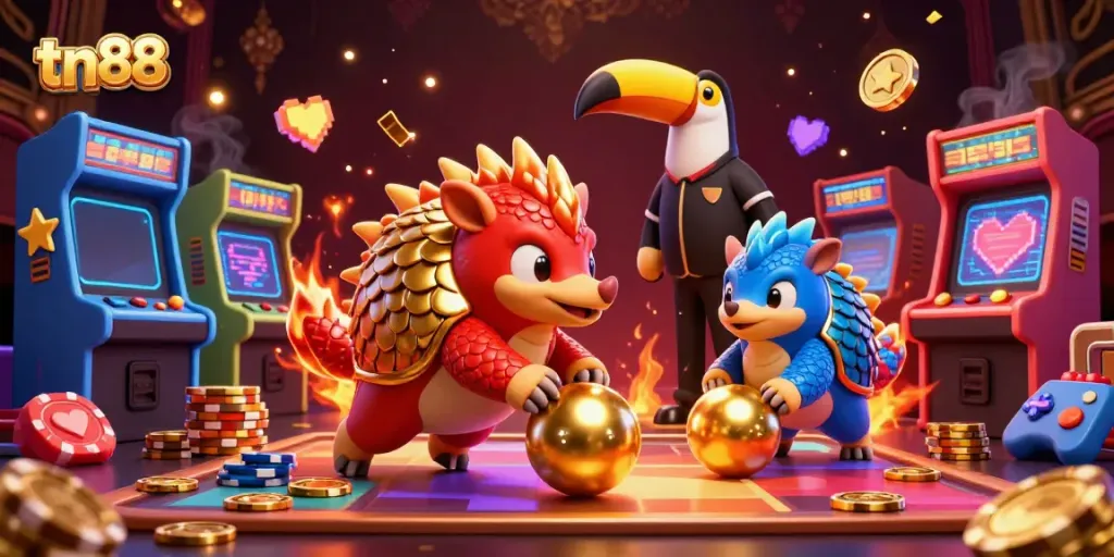 Engage with tn88's vibrant casino world featuring competitive pangolins and glowing gaming machines.