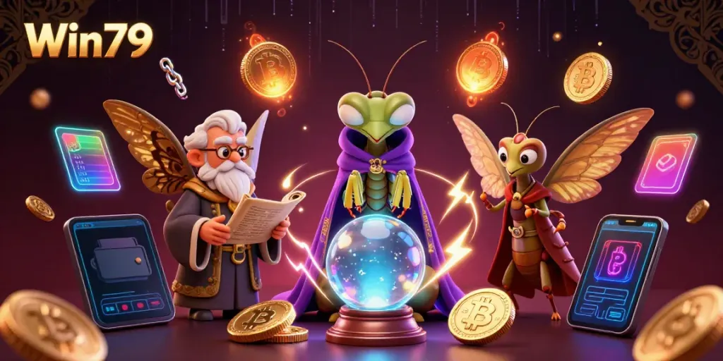 Experience dynamic gameplay at Win79 with a mystical fortune teller and vibrant crypto elements.