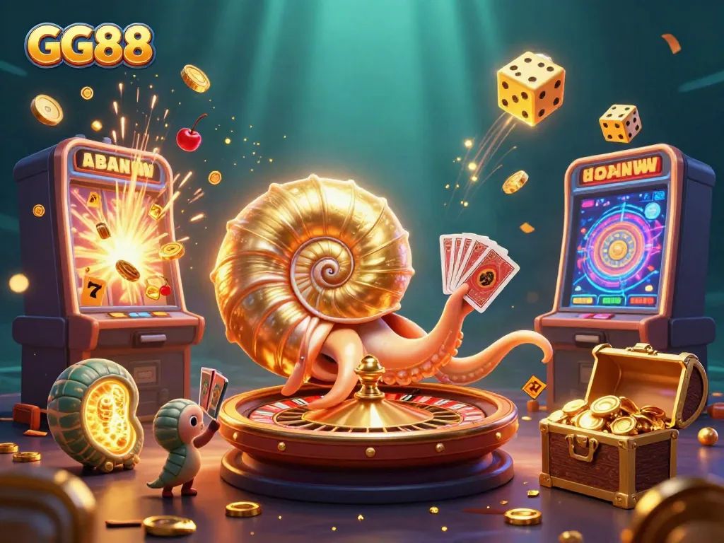 Experience winning moments with GG88 in a vibrant casino game scene, featuring a nautilus as a roulette wheel.