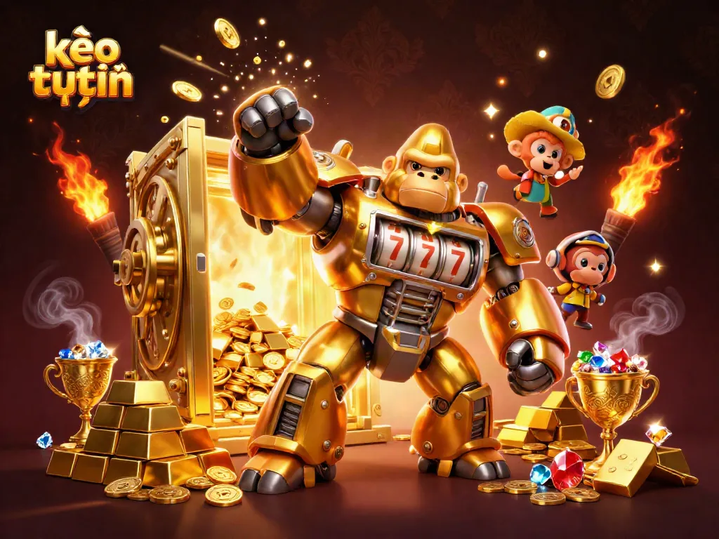 Experience kèo trực tuyến excitement with a dynamic transformation of a golden gorilla mech amidst treasure.