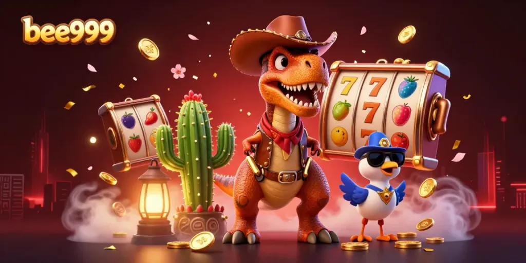 Engage with bee999's colorful casino adventure featuring a 3D cowboy dinosaur alongside vibrant slot symbols.