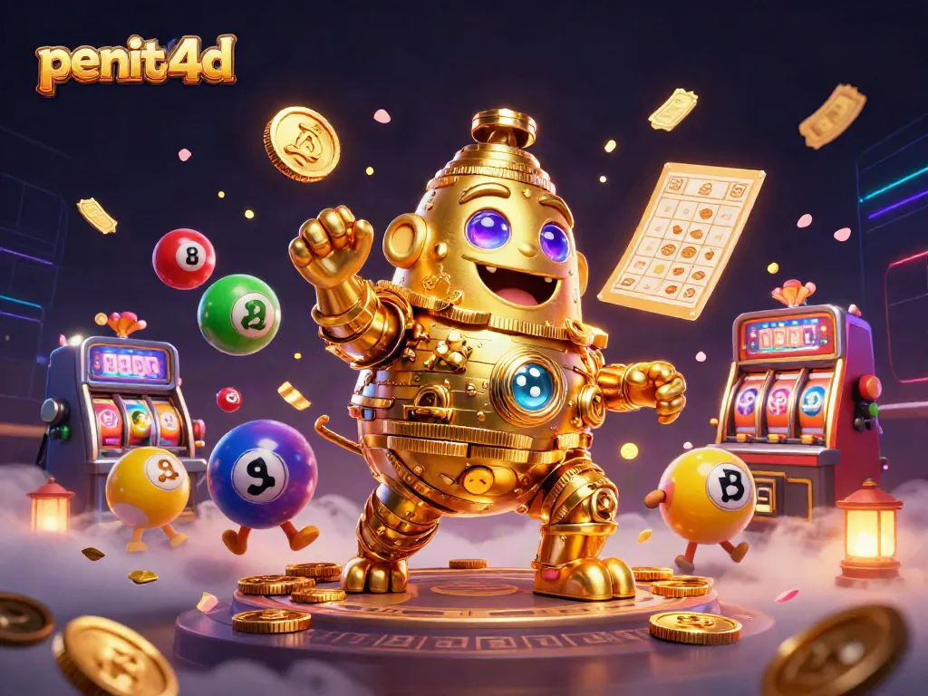 PENITI4D menghadirkan suasana bermain slot yang seru dengan simbol mesin slot dan bola lotere berwarna.