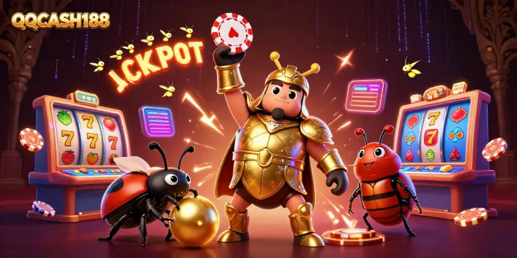 Celebrate big wins at QQCASH188 with vibrant casino characters and exciting game elements.