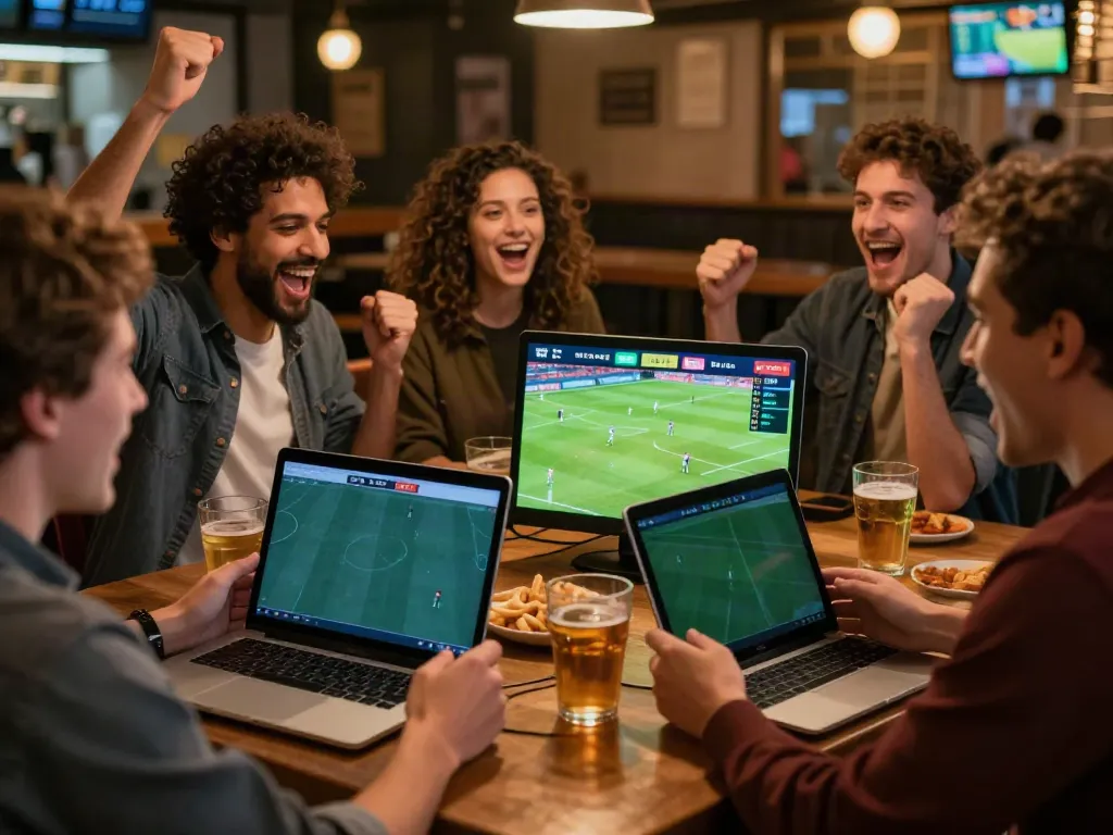 Friends celebrating sports betting on WWBOLA with snacks and drinks.