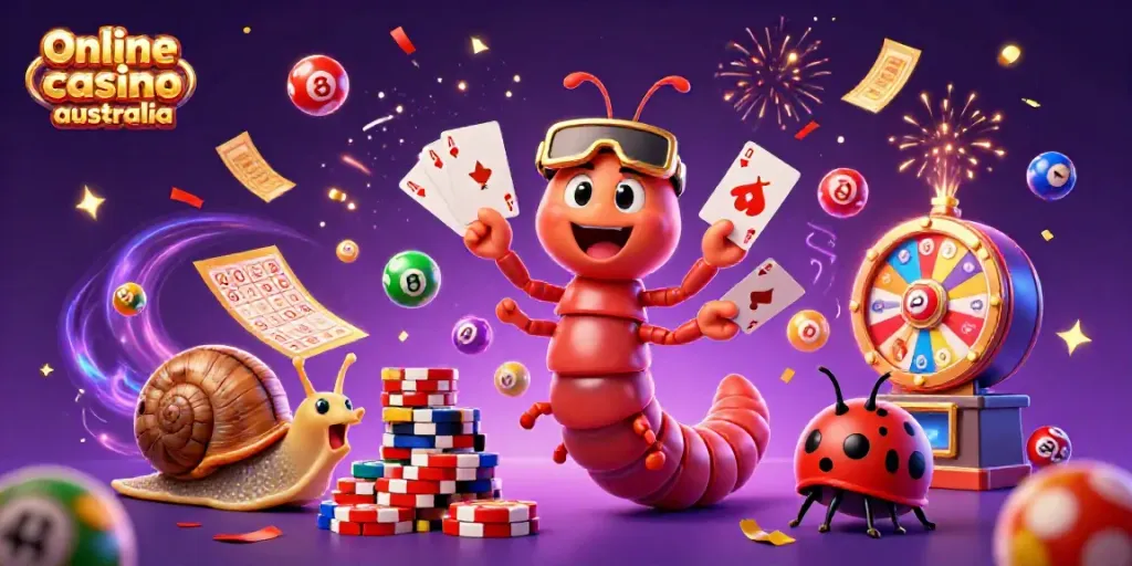 Experience thrills at the online casino Australia with a colorful 3D cartoon scene filled with characters and game elements.