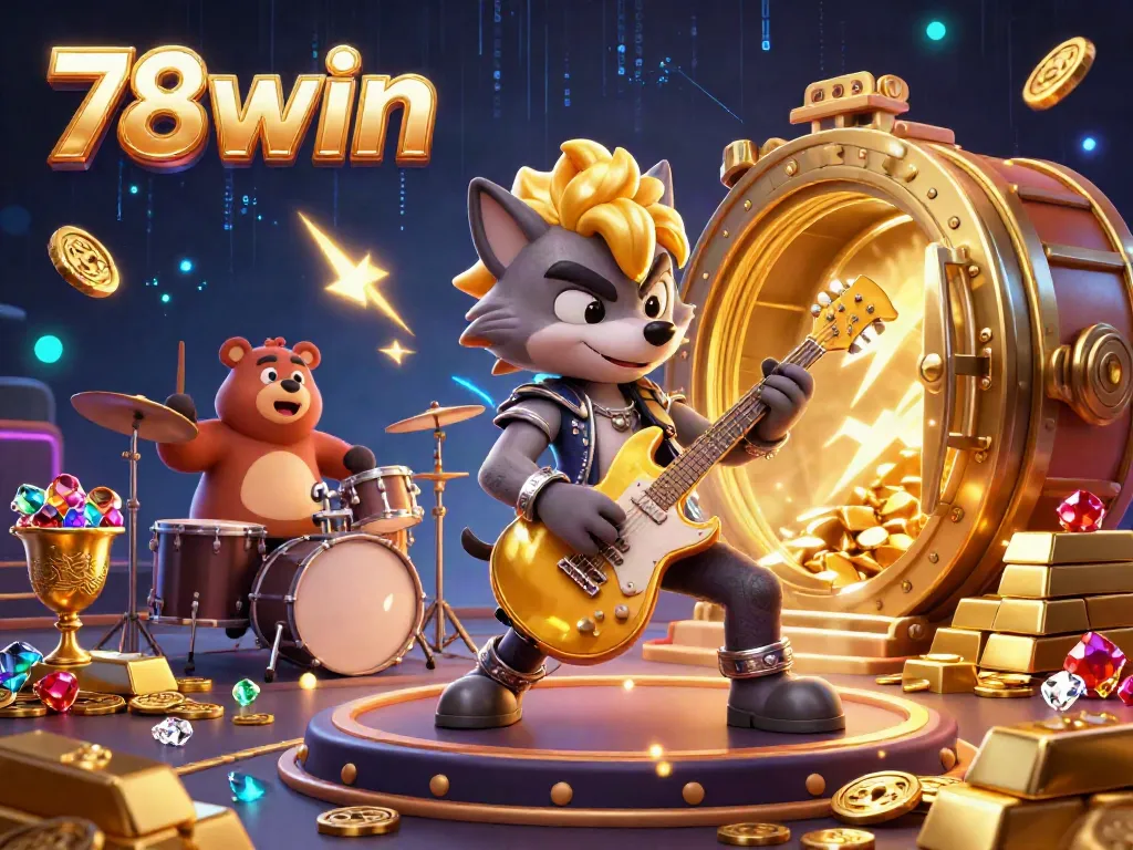 Experience the excitement of 78win with a 3D illustration of a rock star wolf jamming in a dazzling casino scene.